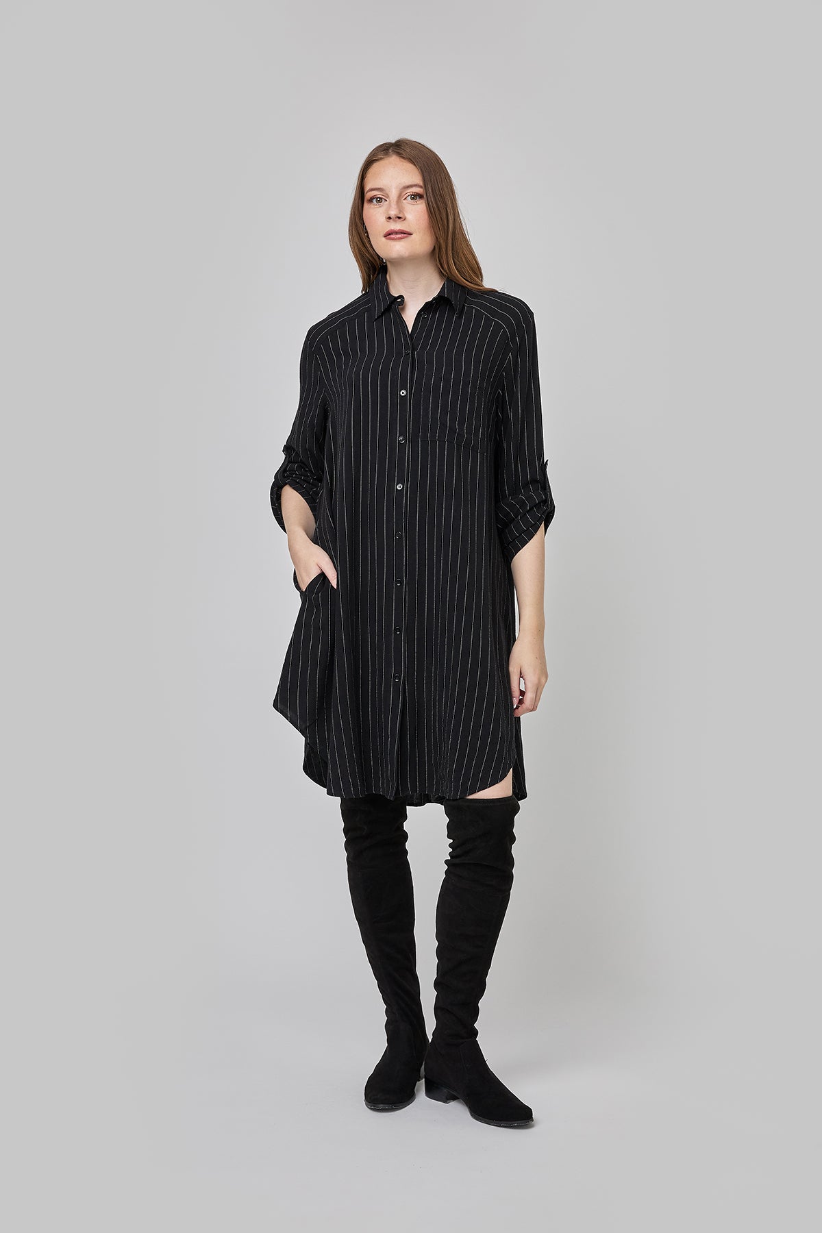 Long Sleeve Striped Flared Shirt Dress with Side Pockets CF25-001
