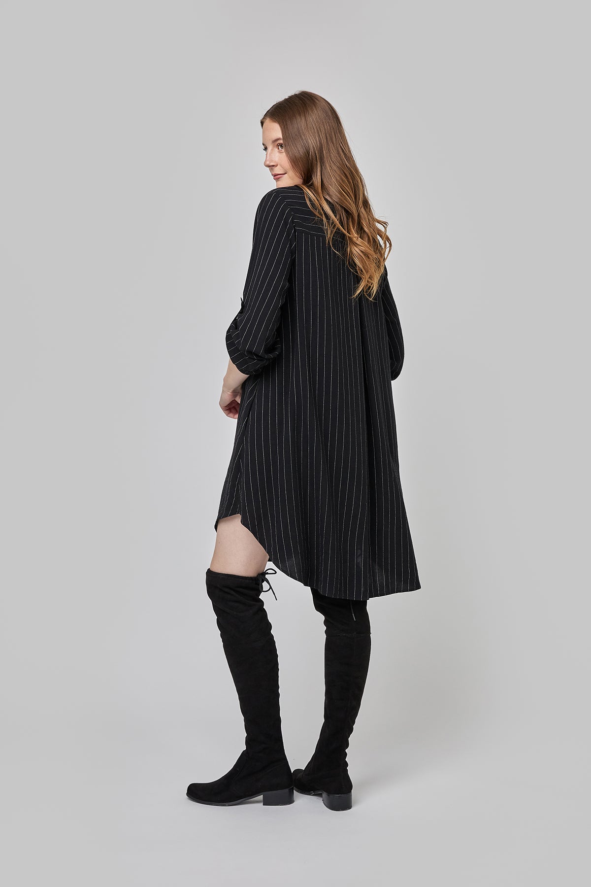 Long Sleeve Striped Flared Shirt Dress with Side Pockets CF25-001