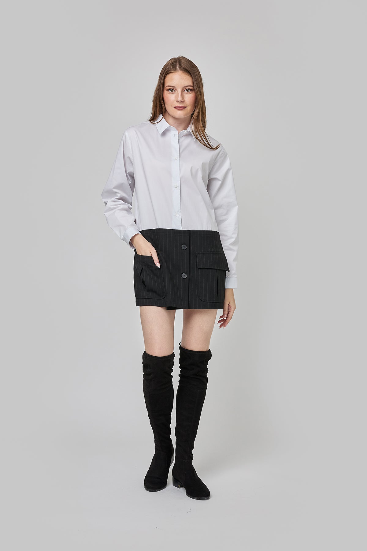 Two-tone mini shirt dress with front cargo pockets CF25-002