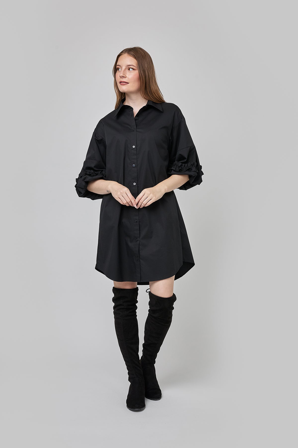 Black flared shirt dress with gathered puff sleeves and side pockets CF25-003