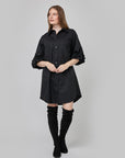 Black flared shirt dress with gathered puff sleeves and side pockets CF25-003