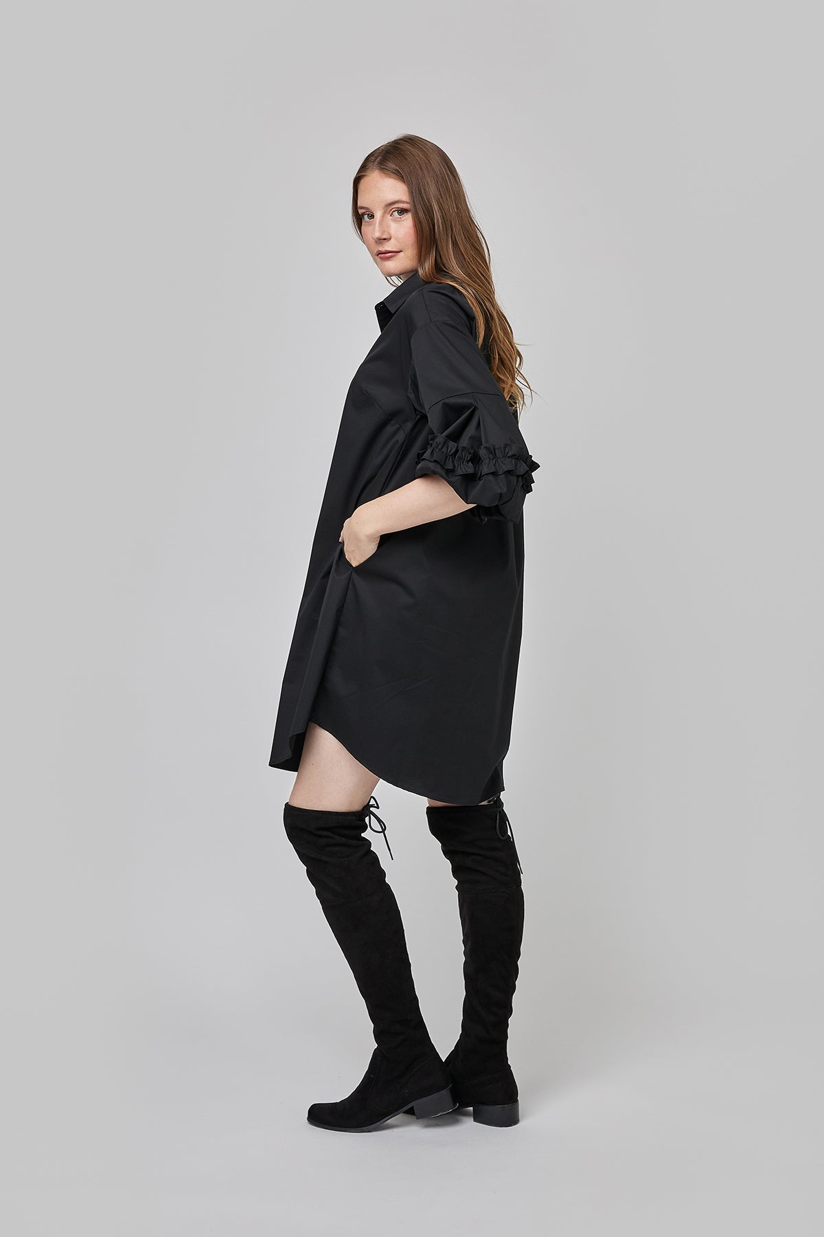 Black flared shirt dress with gathered puff sleeves and side pockets CF25-003