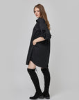 Black flared shirt dress with gathered puff sleeves and side pockets CF25-003