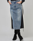 Jupe en denim devant et nylon derrière avec panneaux latéraux évasés | CF25-204 - Blue Denim
