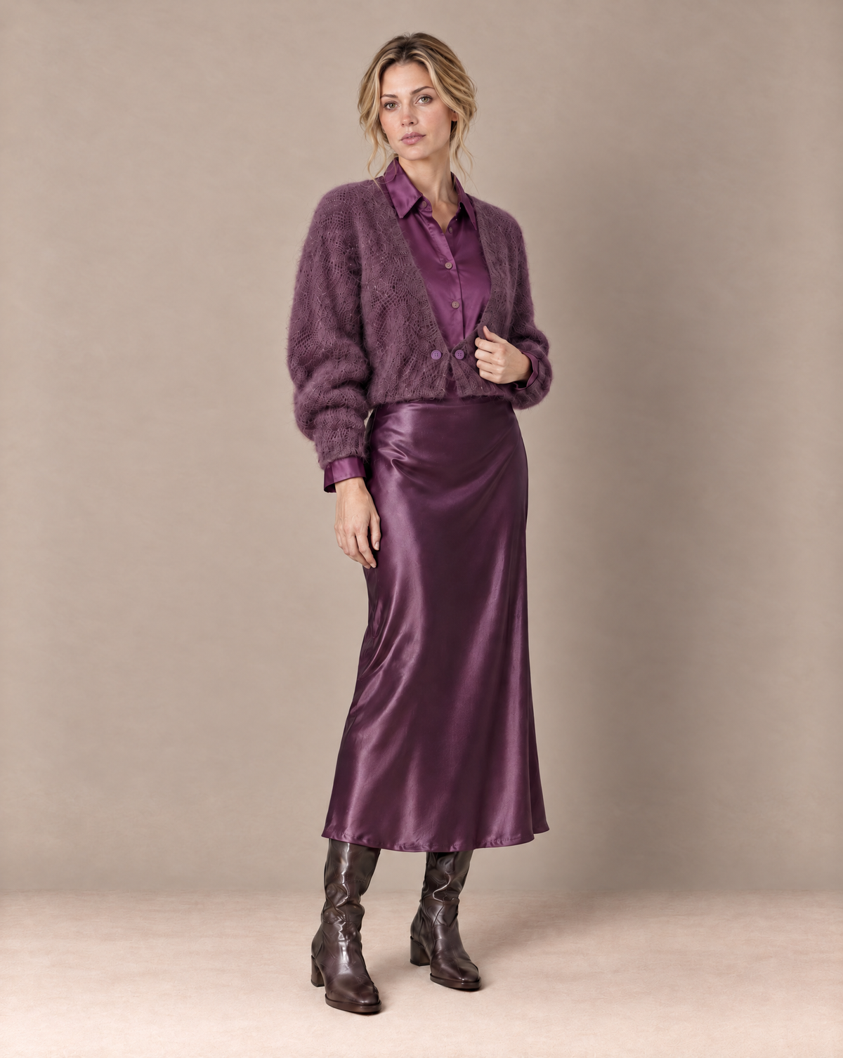 Satin long skirt - Aubergine