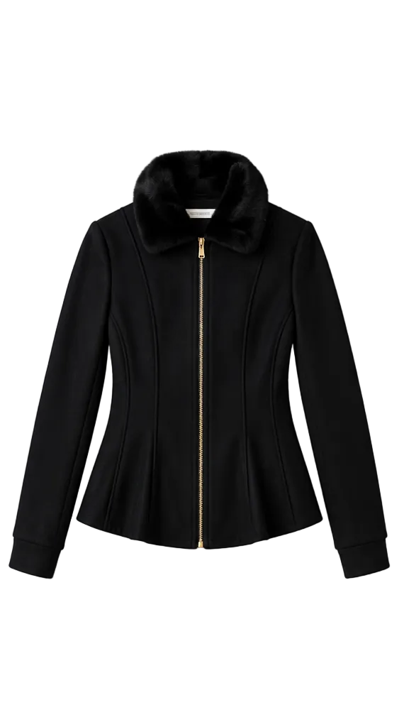 Veste péplum col fourrure amovible - Noir