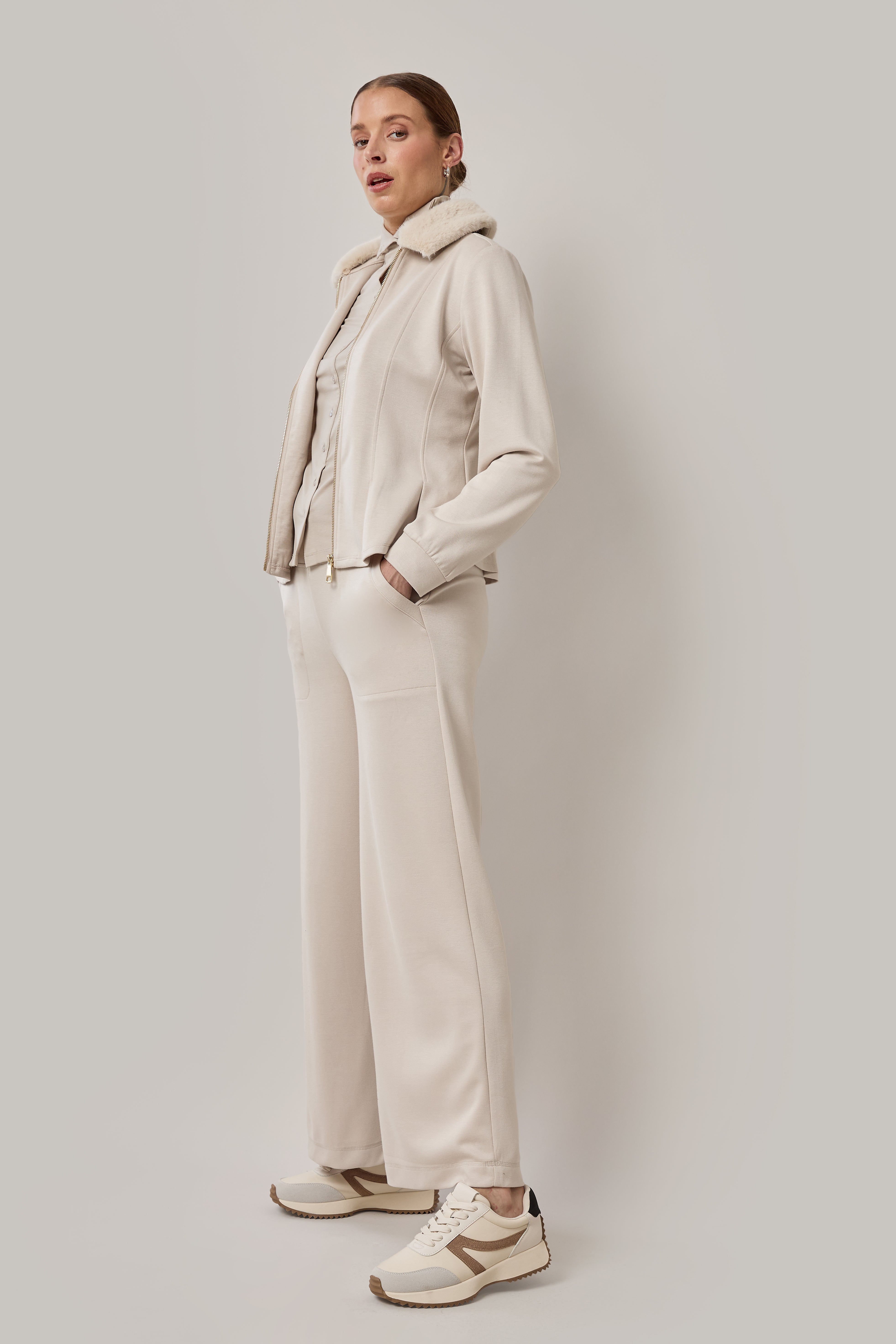 Peplum Jacket with Detachable Fur Collar - Sand