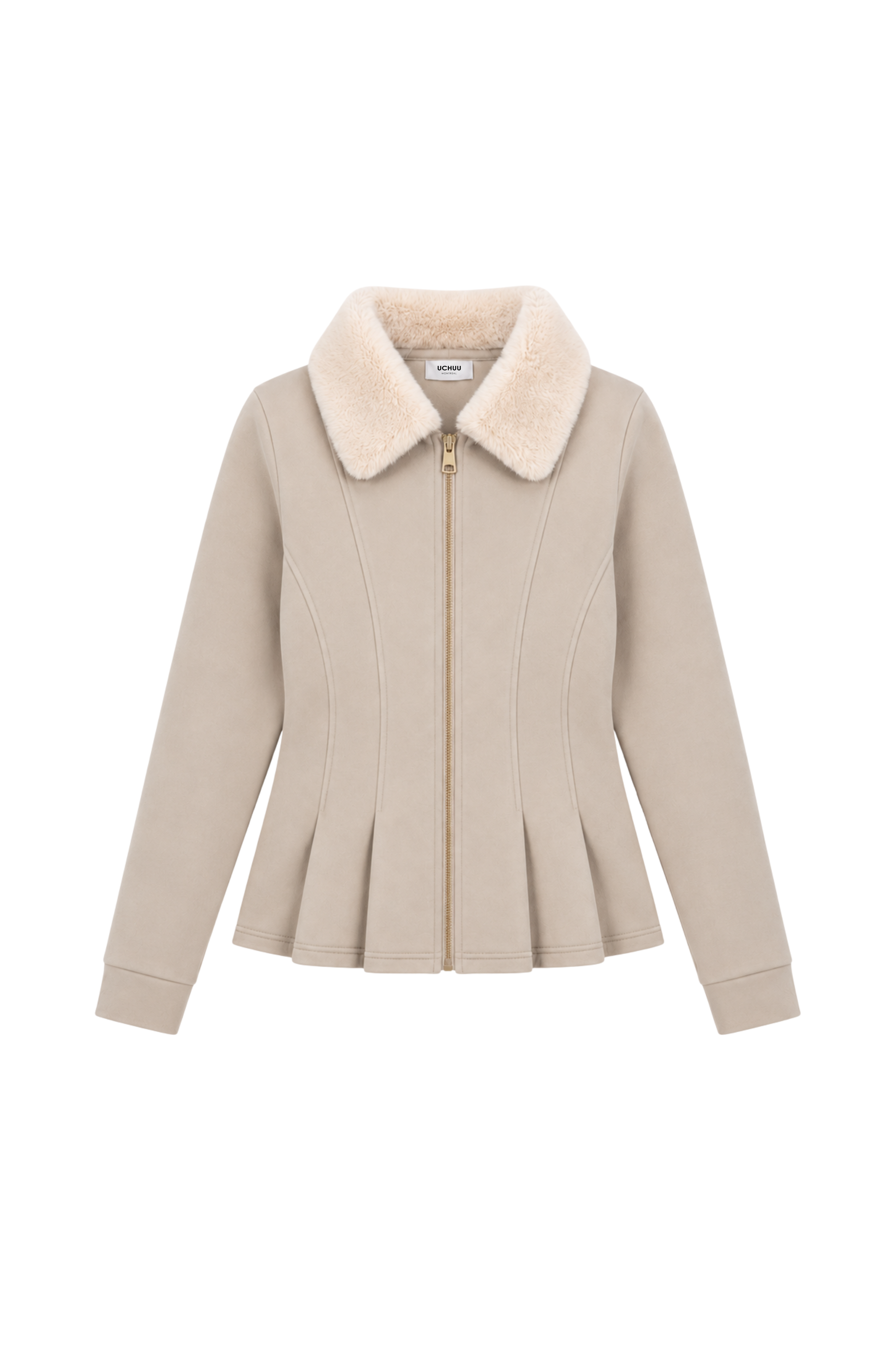 Veste péplum col fourrure amovible - Sable