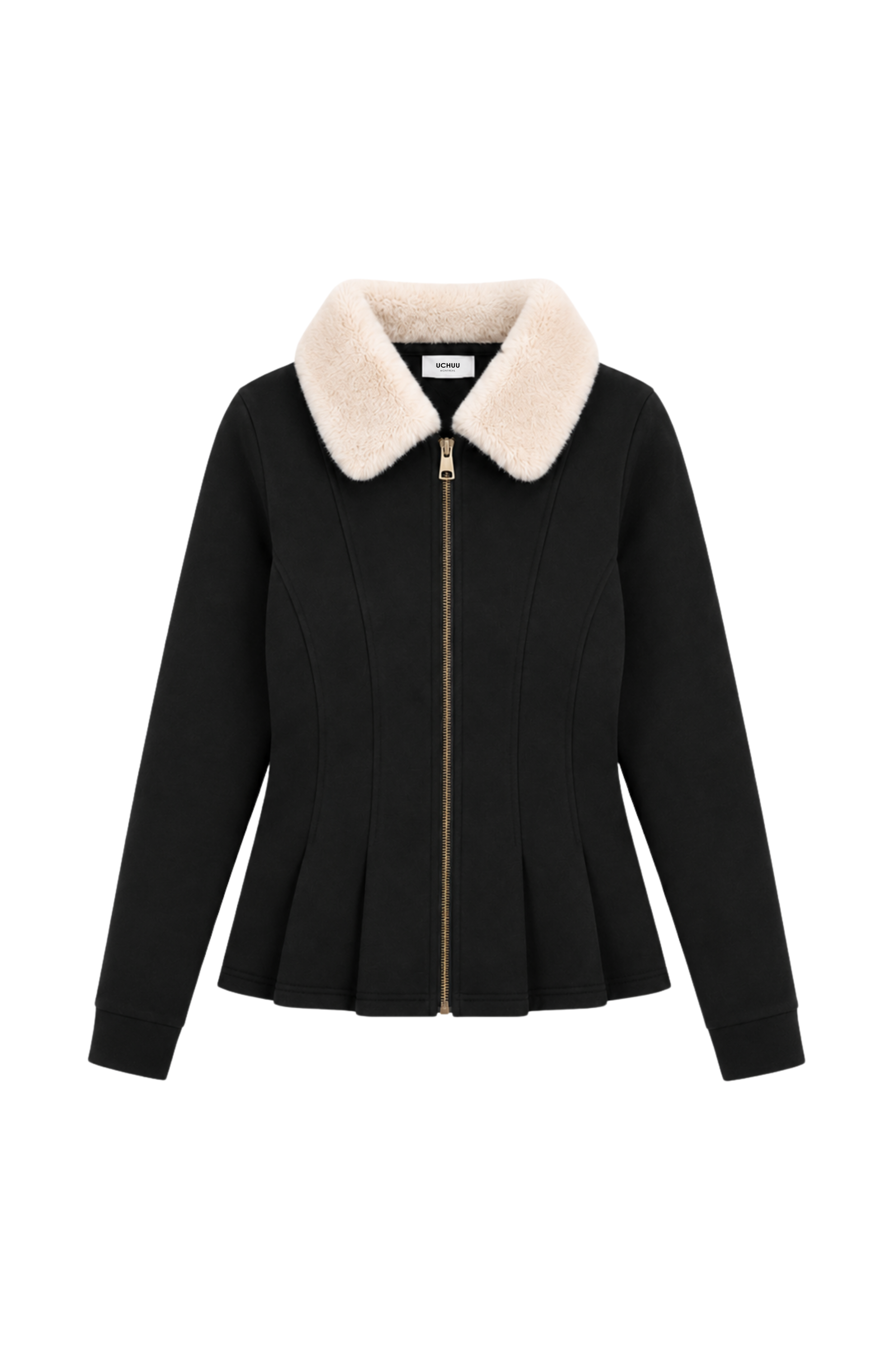 Veste péplum col fourrure amovible - Noir