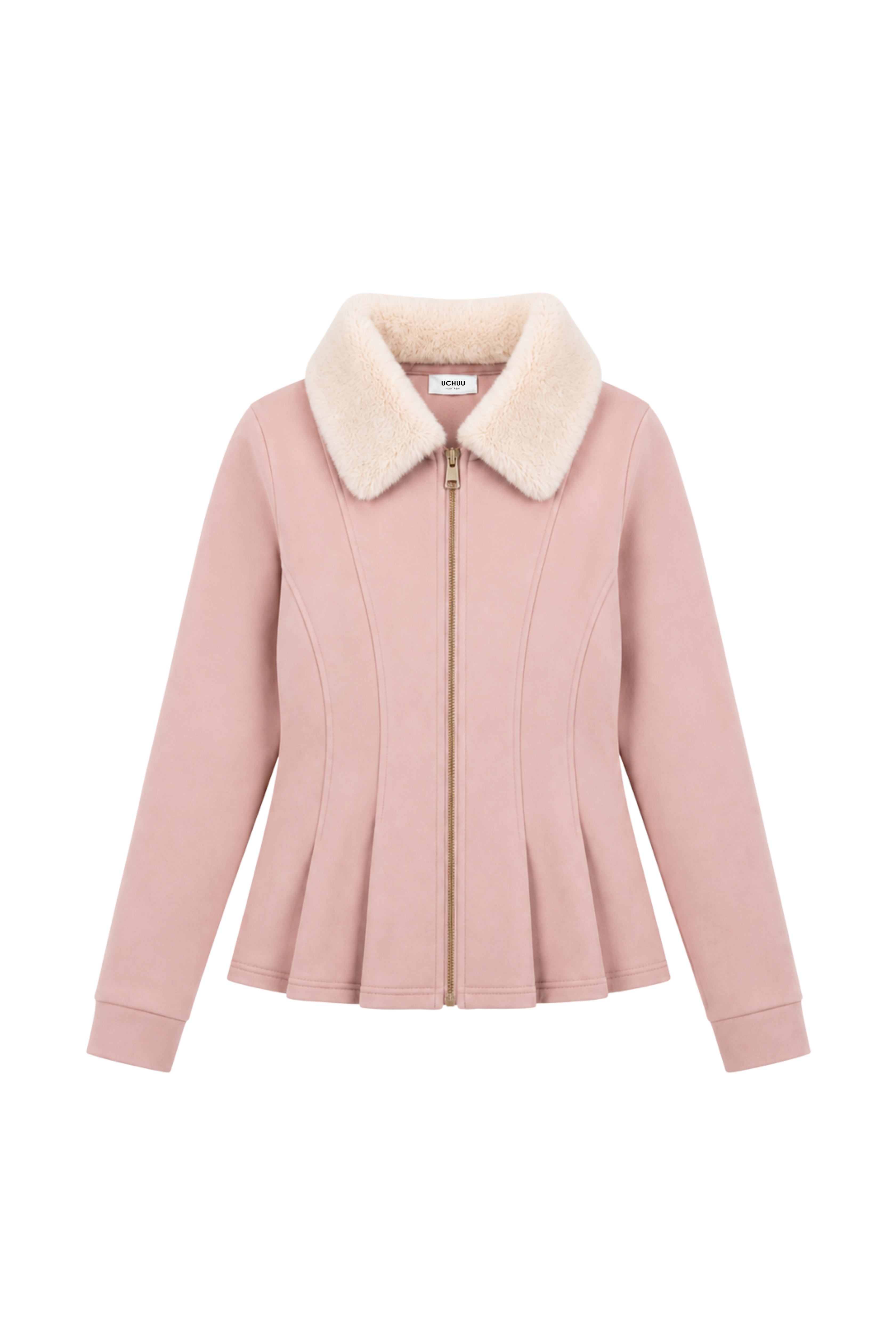 Veste péplum col fourrure amovible - Rose