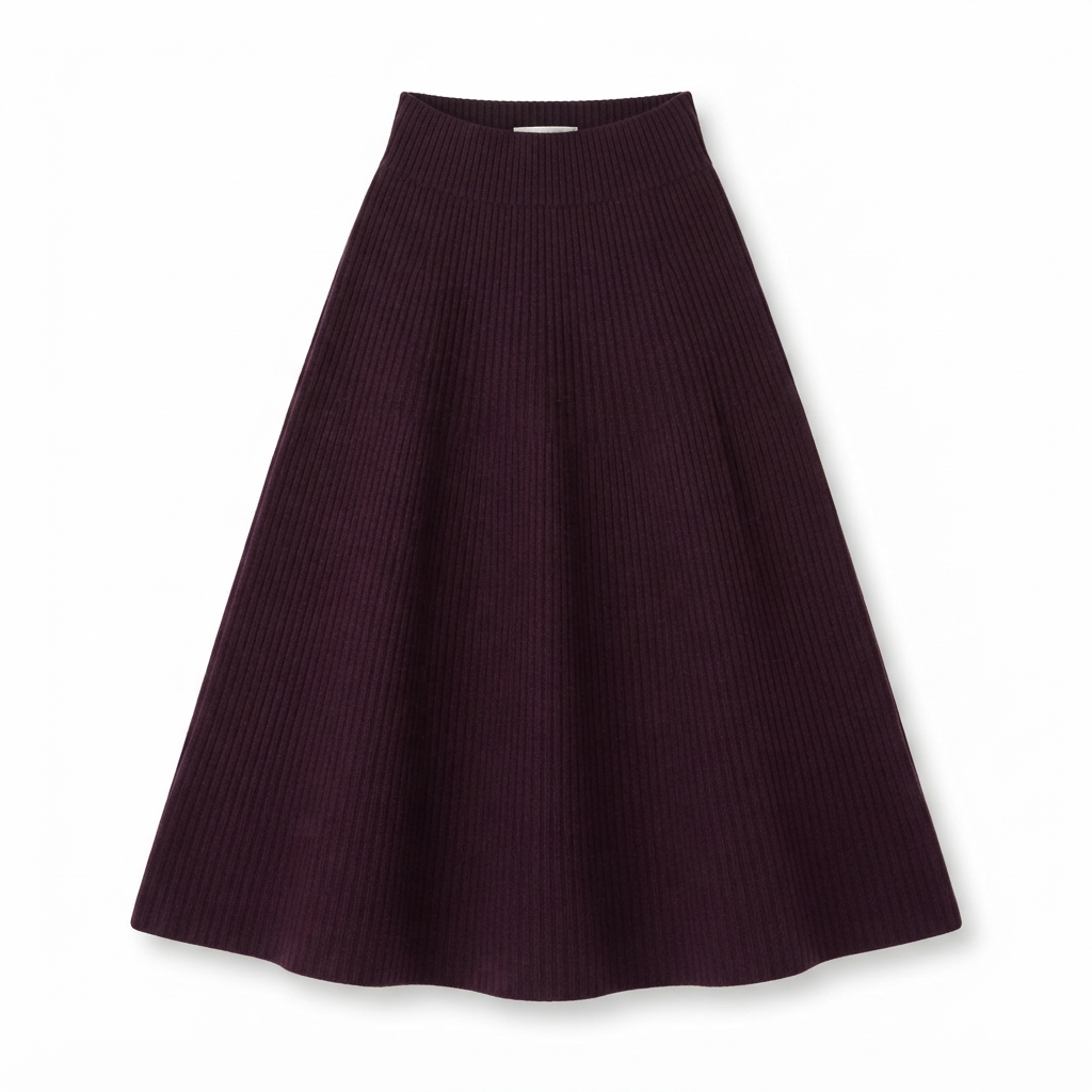 Jupe longue côtelée en maille- Aubergine