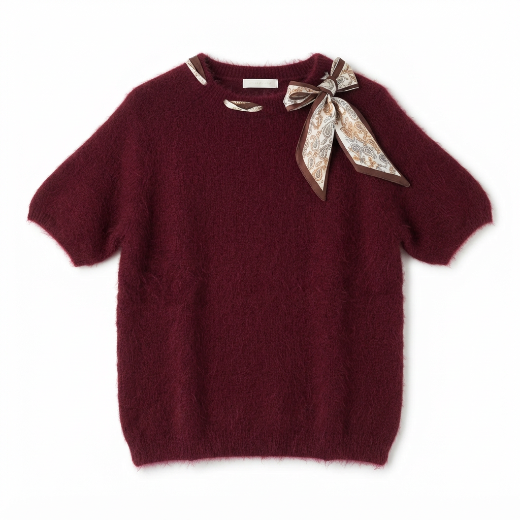 Pull à manches courtes bordeaux et foulard noué -Coco