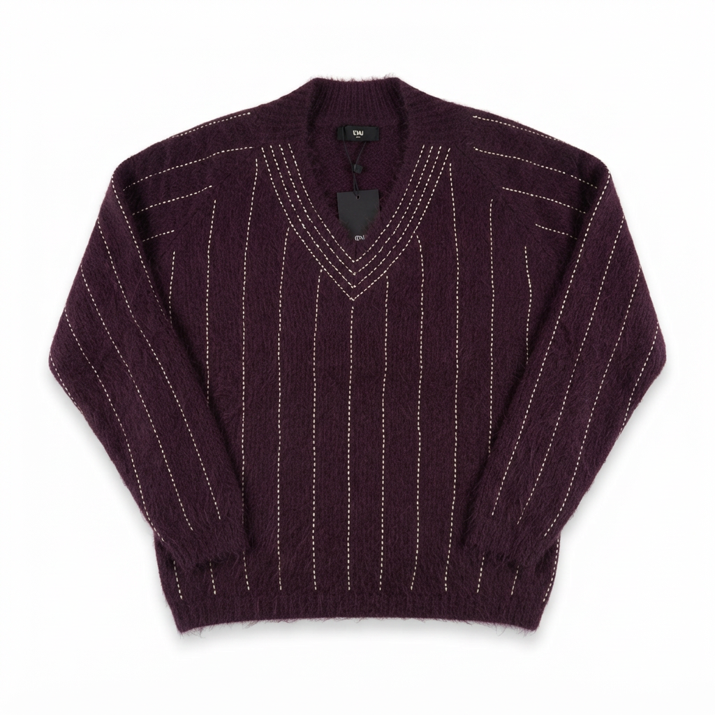 Pull col V  à perles brodées- Aubergine