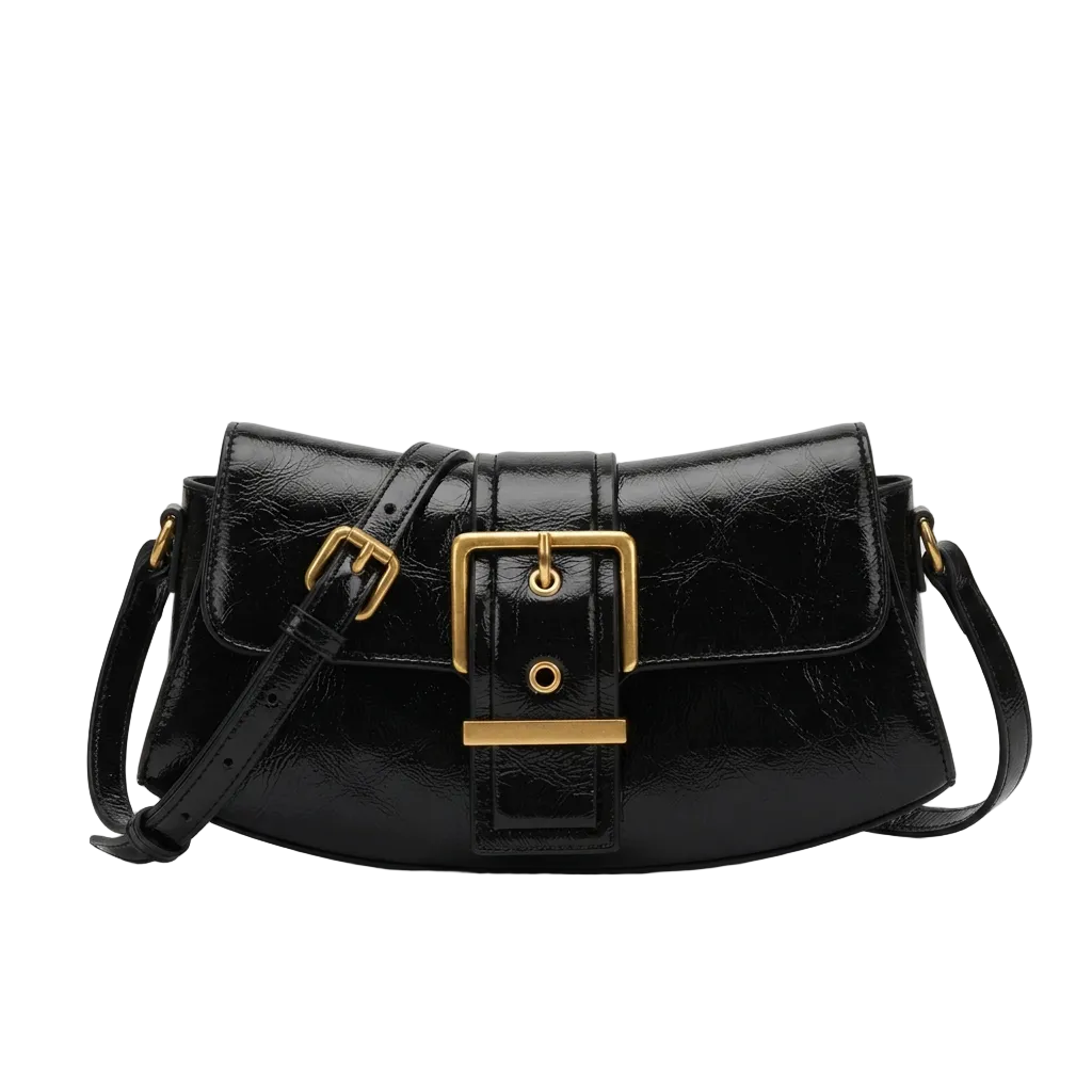 Black patent leather handbag with gold buckle